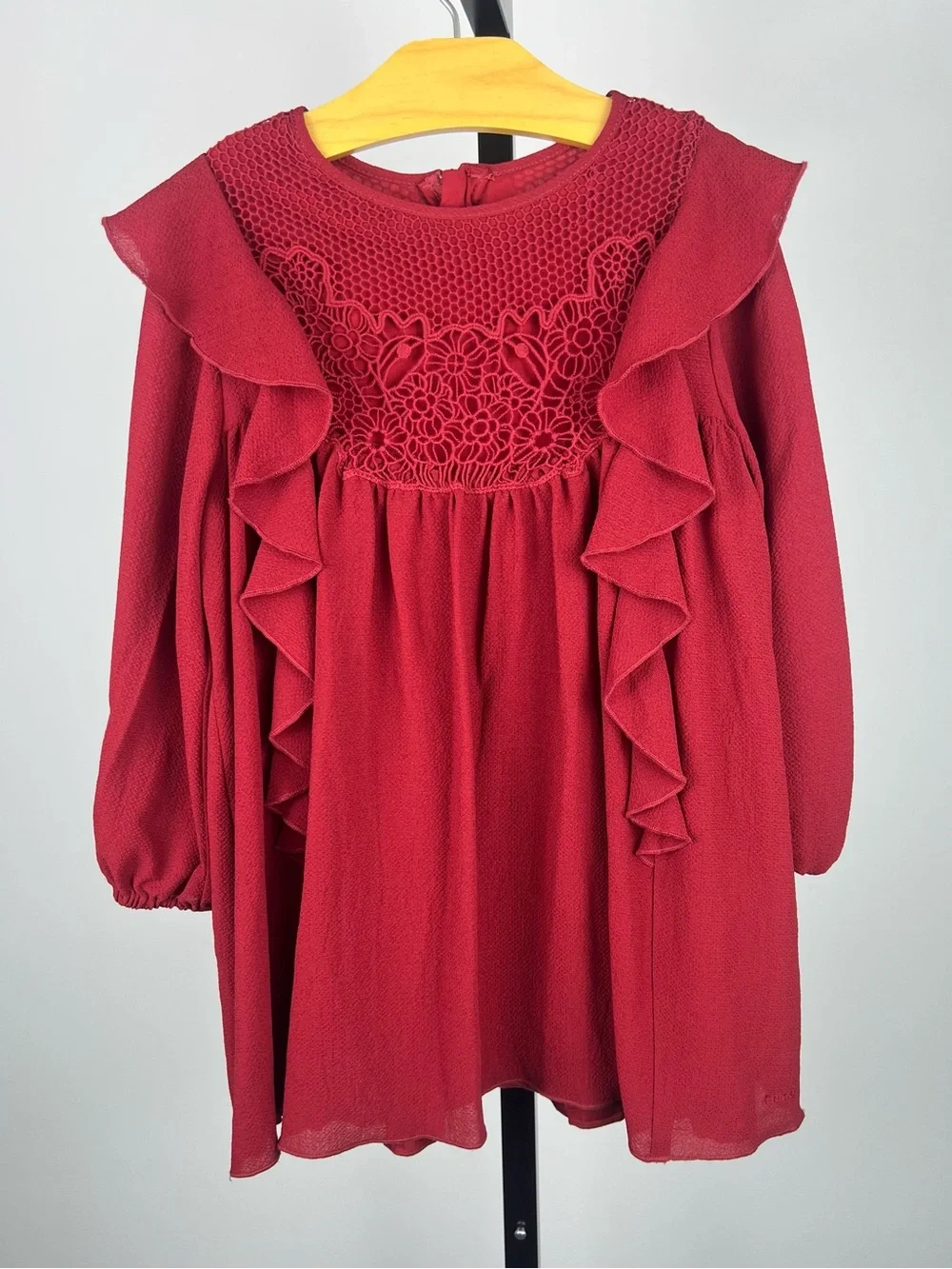 Chloe Girls Crepe Ruffle Lace Dress, Burgundy, Size 6